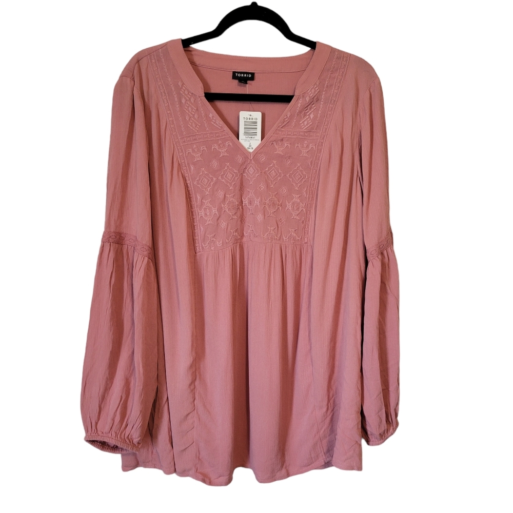 NWT Torrid Dusty Rose Gauze Embroidered Boho Peasant Blouse 2X Plus